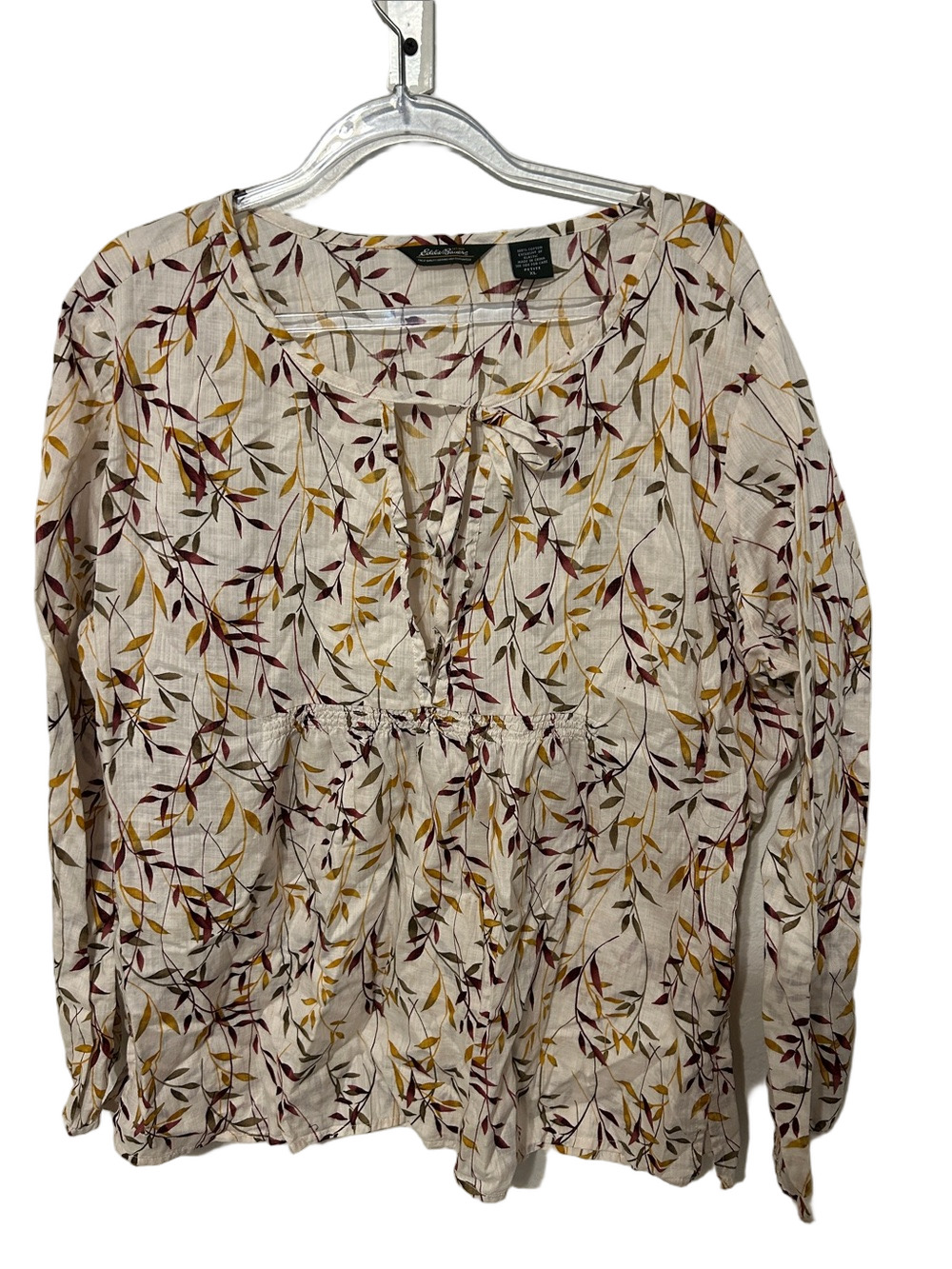 👒Eddie Bauer Floral Tie-Neck  Top cream with Mustard & Burgundy size XL GUC